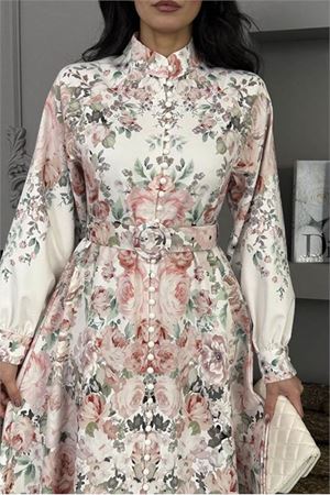 Neşeli butik kadın ekru çiçek desenli ithal kumaş tam düğmeli kemerli tasarım elbise NBMS25115