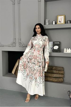 Neşeli butik kadın ekru çiçek desenli ithal kumaş tam düğmeli kemerli tasarım elbise NBMS25115