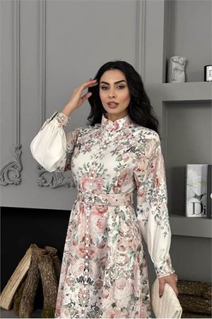Neşeli butik kadın ekru çiçek desenli ithal kumaş tam düğmeli kemerli tasarım elbise NBMS25115