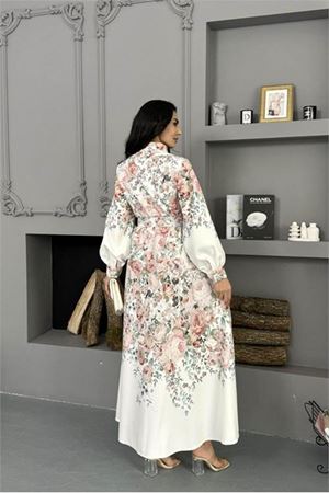Neşeli butik kadın ekru çiçek desenli ithal kumaş tam düğmeli kemerli tasarım elbise NBMS25115
