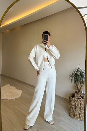 Neşeli butik kadın fermuarlı oversize sweat ve yüksek bel eşofman takımı NM018