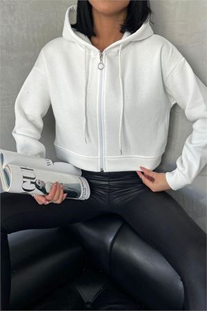 Neşeli butik kadın kapüşonlu kısa sweatshirt GTS025 - Ekru