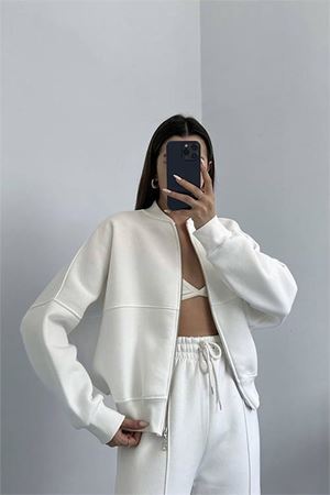 Neşeli butik kadın penye 3 iplik şardonlu kumaş eşofman takımı GTS022 - Ekru