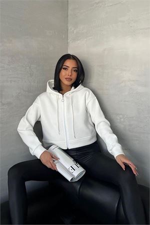 Neşeli butik kadın kapüşonlu kısa sweatshirt GTS025 - Ekru