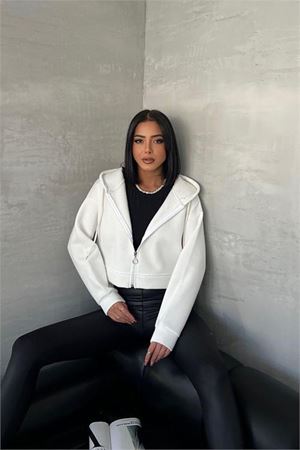 Neşeli butik kadın kapüşonlu kısa sweatshirt GTS025 - Ekru