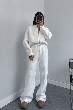 Neşeli butik kadın penye 3 iplik şardonlu kumaş eşofman takımı GTS022 - Ekru