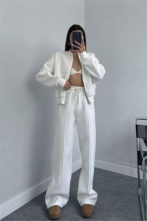 Neşeli butik kadın penye 3 iplik şardonlu kumaş eşofman takımı GTS022 - Ekru