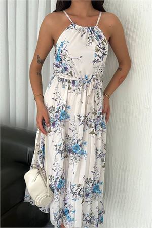 Neşeli butik kadın çiçek desenli askılı yazlık şifon elbise NBK4209