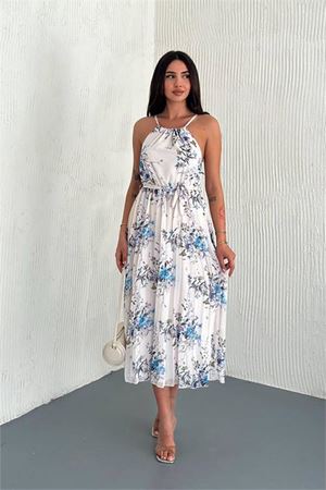 Neşeli butik kadın çiçek desenli askılı yazlık şifon elbise NBK4209