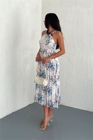 Neşeli butik kadın çiçek desenli askılı yazlık şifon elbise NBK4209