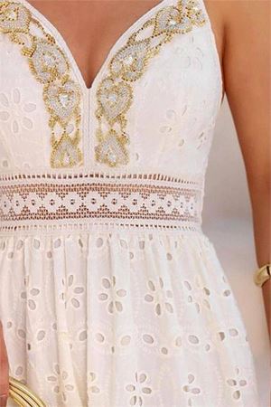 Neşeli butik kadın işleme nakış detaylı askılı ithal elbise NBEMP2736