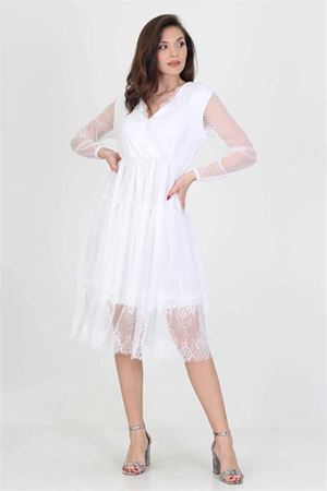 Neseli butik kruvaze yaka eteği güpür detaylı yeni sezon elbise NB0010