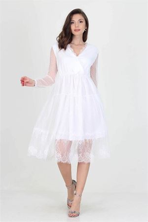 Neseli butik kruvaze yaka eteği güpür detaylı yeni sezon elbise NB0010