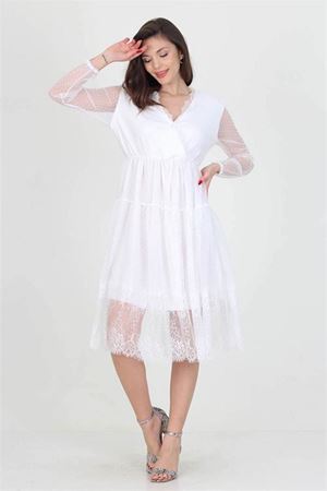 Neseli butik kruvaze yaka eteği güpür detaylı yeni sezon elbise NB0010