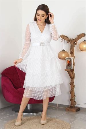 Neşeli butik kadın kemerli eteği kat kat yeni sezon tül elbise NB10006