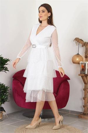 Neşeli butik kadın kemerli eteği kat kat yeni sezon tül elbise NB10006