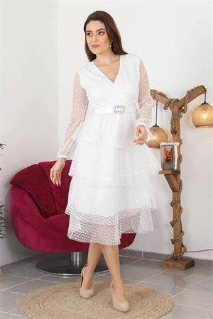 Neşeli butik kadın kemerli eteği kat kat yeni sezon tül elbise NB10006