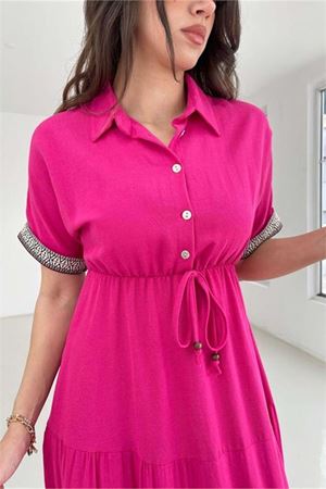Neşeli butik kadın gömlek yaka kol detaylı keten elbise NBMY3080