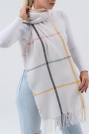 Neşeli butik ekru yumuşak dokulu kare çizgi desenli püsküllü şal atkı NBAKS036