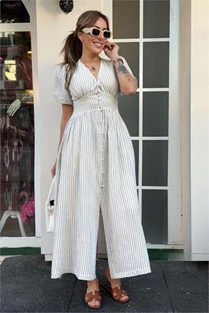Neşeli butik kadın çzigili düğmeli balon kol elbise NBNP008