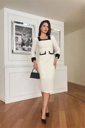 Neşeli butik kadın düğme detaylı tüvit kumaş tasarım elbise NBNC3042