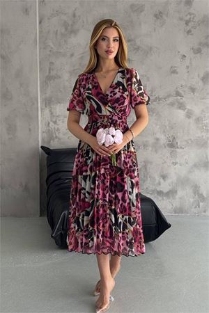 Neşeli butik kadın fuşya kruvaze yaka desenli şifon elbise NBQ001