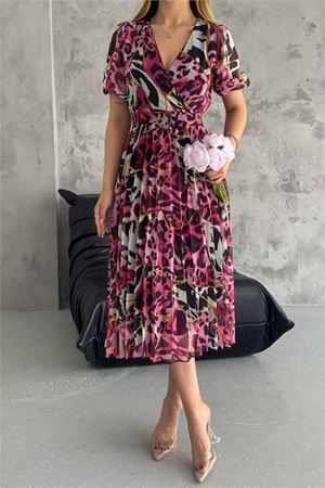 Neşeli butik kadın fuşya kruvaze yaka desenli şifon elbise NBQ001