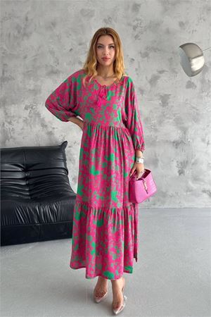 Neşeli butik kadın desenli salaş kesim yazlık viskon elbise NBK2077