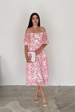 Neşeli butik kadın astarlı midi boy desenli şifon elbise NBQ008