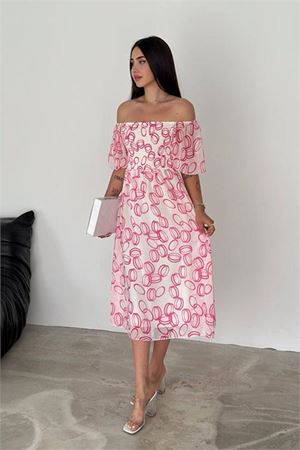 Neşeli butik kadın astarlı midi boy desenli şifon elbise NBQ008