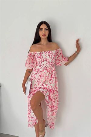 Neşeli butik kadın astarlı midi boy desenli şifon elbise NBQ008
