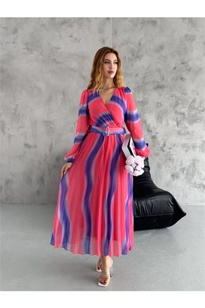 Neşeli butik kadın kemerli kruvaze yaka piliseli şifon elbise NBK2113-1