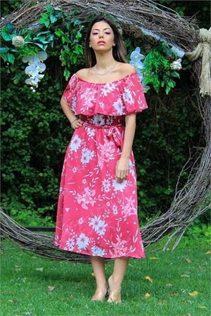 Neşeli butik kadın fuşya bağlama detaylı madonna yaka şifon elbise NB100371