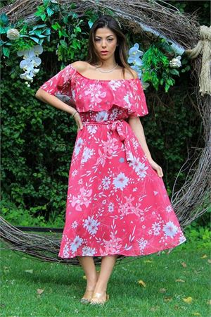Neşeli butik kadın fuşya bağlama detaylı madonna yaka şifon elbise NB100371