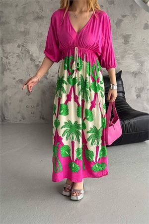 Neşeli butik kadın V-yaka desenli dokuma viskon elbise NBK2092