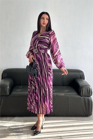 Neşeli butik kadın kruvaze yaka piliseli midi şifon elbise NBK30292