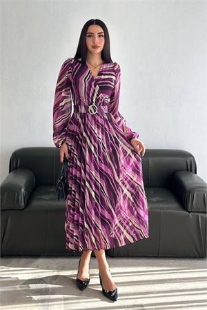 Neşeli butik kadın kruvaze yaka piliseli midi şifon elbise NBK30292