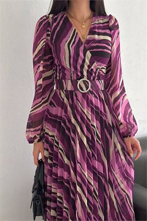 Neşeli butik kadın kruvaze yaka piliseli midi şifon elbise NBK30292