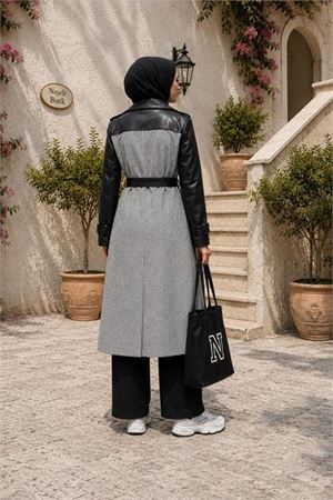 Neşeli butik kadın gri deri detaylı tam boy balıksırtı kaşe kaban NBHT01