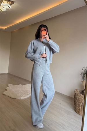 Neşeli butik kadın fermuarlı oversize sweat ve yüksek bel eşofman takımı NM018