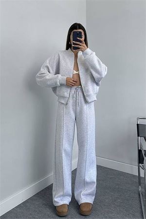 Neşeli butik kadın penye 3 iplik şardonlu kumaş eşofman takımı GTS022 - Gri