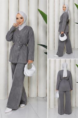 Neşeli butik kadın gri düğmeli kuşak detaylı ikili kot tesettür takım NBFT010