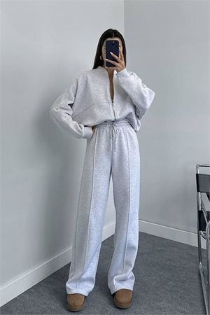 Neşeli butik kadın penye 3 iplik şardonlu kumaş eşofman takımı GTS022 - Gri