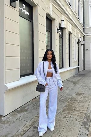 Neşeli butik kadın kışlık alt üst eşofman takımı NB0022 - Gri