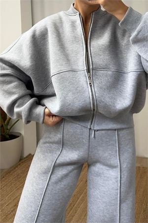Neşeli butik kadın şardonlu üç iplik eşofman takımı GTS018 - Gri Melanj