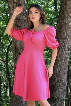 Neşeli butik kadın yakası büzgülü yeni sezon likralı elbise NB10046