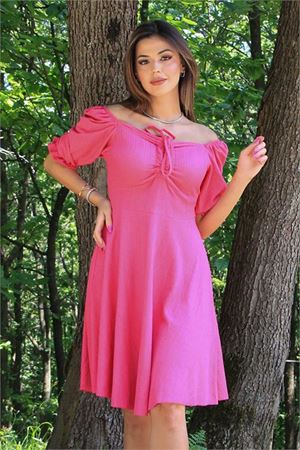 Neşeli butik kadın yakası büzgülü yeni sezon likralı elbise NB10046