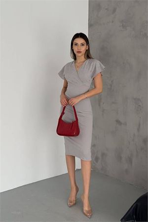 Neşeli butik kadın gri inci detaylı likralı kalem elbise NBK2100