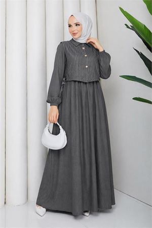 Neşeli butik kadın gri gömlek detaylı maxi boy çizgili tesettür elbise NBFT011