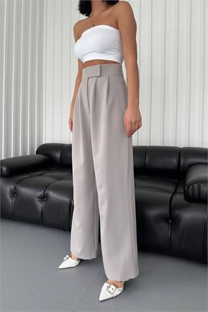 Neşeli butik kadın atlas kumaş cırtlı palazzo pantolon GTS029 - Gri